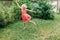 Girl splashing with gardening hose sprinkler on backyard on summer day