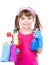 Girl with spray and bucket in hands ready to help with cleaning. isolated