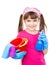Girl with spray in hand ready to help with cleaning. isolated