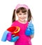 Girl with spray in hand ready to help with cleaning on white