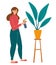 Girl sprays a flower. Houseplants. Happy gardening. Care of Home Plants and Flowers in Pots Enjoying Gardening Hobby. Cartoon