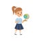 Girl standing with globe at geography lesson, pupil in school uniform studying at school vector Illustration on a white