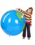 Girl standing and holding big inflatable globe