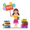 Girl standing near books and holding quiz placard