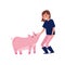 Girl standing next to pig, female farmer taking care of animal on farm vector Illustration on a white background