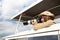 Girl standing in open roof safari jeep with camera