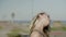 Girl standing in skate park and stretching neck before workout