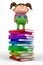 Girl standing on a stack of books
