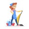 Girl standing with vacuuum cleaner. Happy child