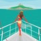 Girl standing on a yacht and admire the island