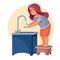 Girl stands on stools and washes her hands under running water, vector illustration,