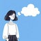 The girl stands thoughtfully and a cloud of thoughts flies out of her head on solid blue background. ai generative