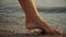 Girl stepping on wet sand of shoreline. Legs of young woman going along ocean beach during sunset. Young woman walking along the w