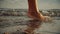 Girl stepping on wet sand of shoreline. Legs of young woman going along ocean beach during sunset. Young woman walking along the w