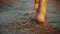Girl stepping on wet sand of shoreline. Legs of young woman going along ocean beach during sunset. Young woman walking along the w