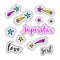 Girl stickers stars, firework, superstar logo, love lettering. Retro patch element 80s-90s, Vector doodle icons