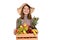 Girl with straw hat holds a wooden crate with fruit