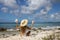 The girl in straw hat sitting on the beach with big seashell in the hand. Rear view.