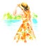 Girl in straw hat and vintage dress near the river, summer watercolor illustration on white background