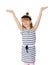 Girl in a striped dress and a nautical cap over white background.