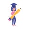 Girl student with big pencil graduation hat learning online