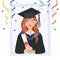 Girl student in a graduation gown and cap. A female student holds a diploma and celebrates graduation. Illustration in