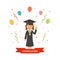 Girl student with graduation gown and hat. Graduations concept ceremony. Student with medal. Congratulation banner