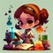 Girl studying science. Illustration.