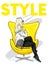 The girl in stylish clothes sits in an armchair. Vector illustration for postcard or poster, print for clothing and accessories.