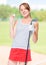 Girl successful golfer posing with props for playing