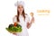 The girl in a suit of the cook with a basket of vegetables and fruits on isolated background