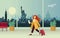 The girl with the suitcase at the airport. Against the background of an abstract panorama of the U.S. attractions.