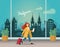 Girl with a suitcase at the airport in Prague. Detailed vector illustration in flat style