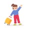 Girl with a suitcase. Little traveler cartoon style. Kid girl holds suitcase and wave your hand