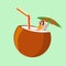 A girl in summer clothes is relaxing in a huge coconut with an umbrella and a tube, like in a swimming pool,