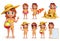 Girl summer kids vector character set. Young girl wearing bikini doing summer beach activities