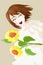 Girl summer laughing, brown short hair, yellow white dress and bring two sunflower