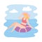 Girl sunbath on ring in the swimming pool, summer vacations travel concept