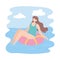 Girl sunbath on ring in the swimming pool, summer vacations travel concept