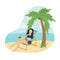 A girl sunbathes on a deck chair on the seashore near her palm tree grows.