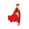 Girl superhero in classic black comics costume with red cape