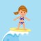 Girl surfer rides the waves. Concept design of a summer holidays by the ocean