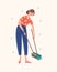 The girl sweeps the floor. Domestic work. Vector illustration