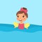 Girl swimming with inflatable sleeves flat vector illustration.