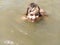 The girl is swimming, looking at the camera and laughing. Summer fun. Ocean, sea, lake or river. Turbid water in the pond. Happy