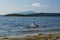 A girl swims in a picturesque lake, spraying water