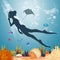 Girl swims on the seabed with mask and snorkel
