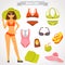 Girl in the swimsuit and beach color set icons for web and mobile design