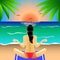 Girl in swimsuit in Lotus position rear view, engaged in yoga, meditation on the beach, at sunset or sunrise