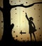 Girl and swing silhouette and falling autumn leaves, childhood memories in summer day, Autumn swing,